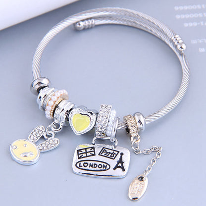 805 Cartoon Rabbit Heart Charm Bracelet Adjustable Stainless Steel Open Bangle with Rhinestone Decor