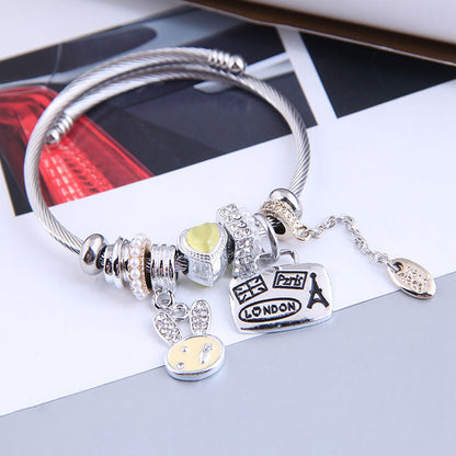 805 Cartoon Rabbit Heart Charm Bracelet Adjustable Stainless Steel Open Bangle with Rhinestone Decor