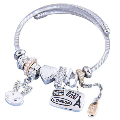 805 Cartoon Rabbit Heart Charm Bracelet Adjustable Stainless Steel Open Bangle with Rhinestone Decor