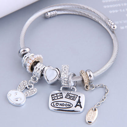 805 Cartoon Rabbit Heart Charm Bracelet Adjustable Stainless Steel Open Bangle with Rhinestone Decor