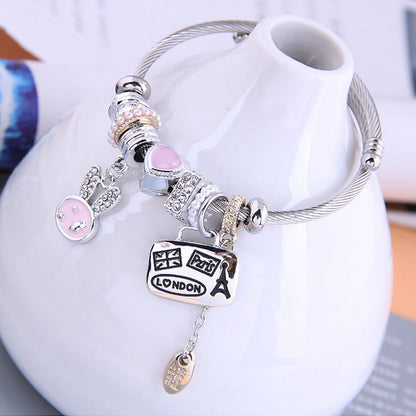 805 Cartoon Rabbit Heart Charm Bracelet Adjustable Stainless Steel Open Bangle with Rhinestone Decor