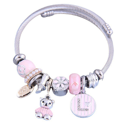 8051 Women Cute Bear Charm Bracelet with Rhinestone Decor Adjustable Stainless Steel Open Bangle