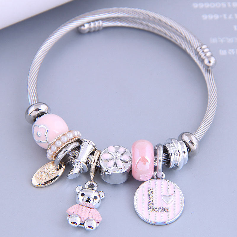 8051 Women Cute Bear Charm Bracelet with Rhinestone Decor Adjustable Stainless Steel Open Bangle