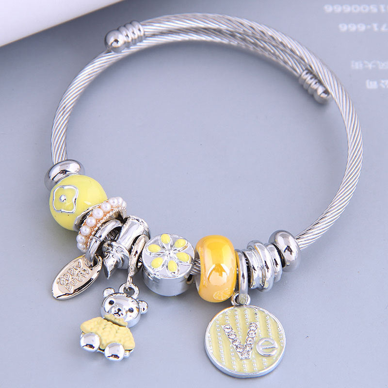 8051 Women Cute Bear Charm Bracelet with Rhinestone Decor Adjustable Stainless Steel Open Bangle