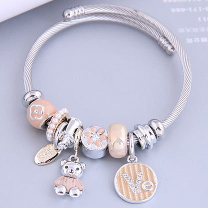 8051 Women Cute Bear Charm Bracelet with Rhinestone Decor Adjustable Stainless Steel Open Bangle