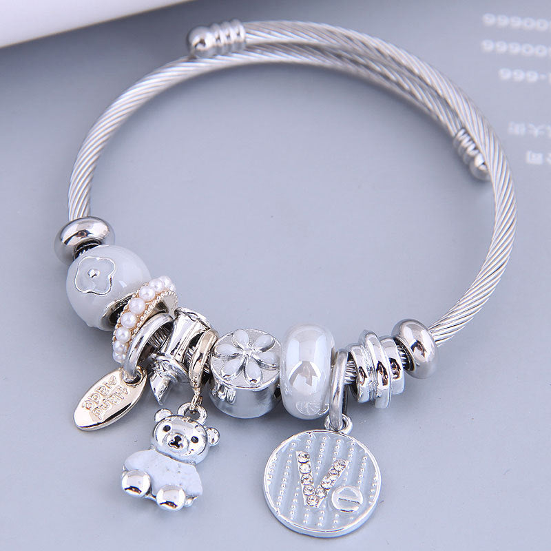 8051 Women Cute Bear Charm Bracelet with Rhinestone Decor Adjustable Stainless Steel Open Bangle