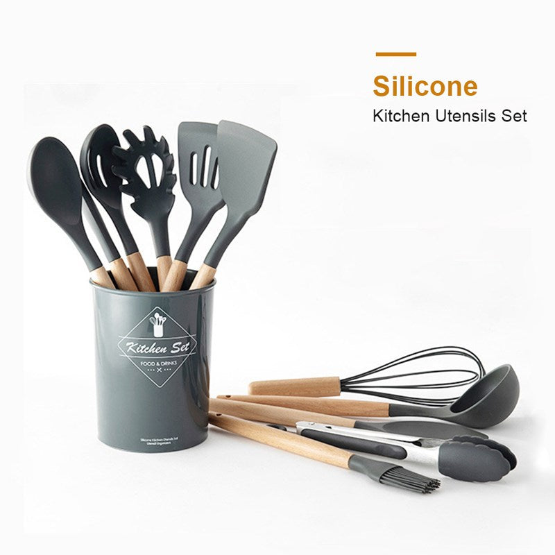 11Pcs/Set BPA Free Wooden Handle Silicone Kitchenware Cooking Tool Accessories Kitchen Utensils Set (FDA Certified Material)