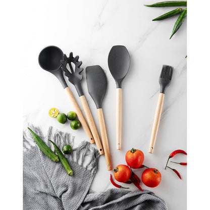 11Pcs/Set BPA Free Wooden Handle Silicone Kitchenware Cooking Tool Accessories Kitchen Utensils Set (FDA Certified Material)