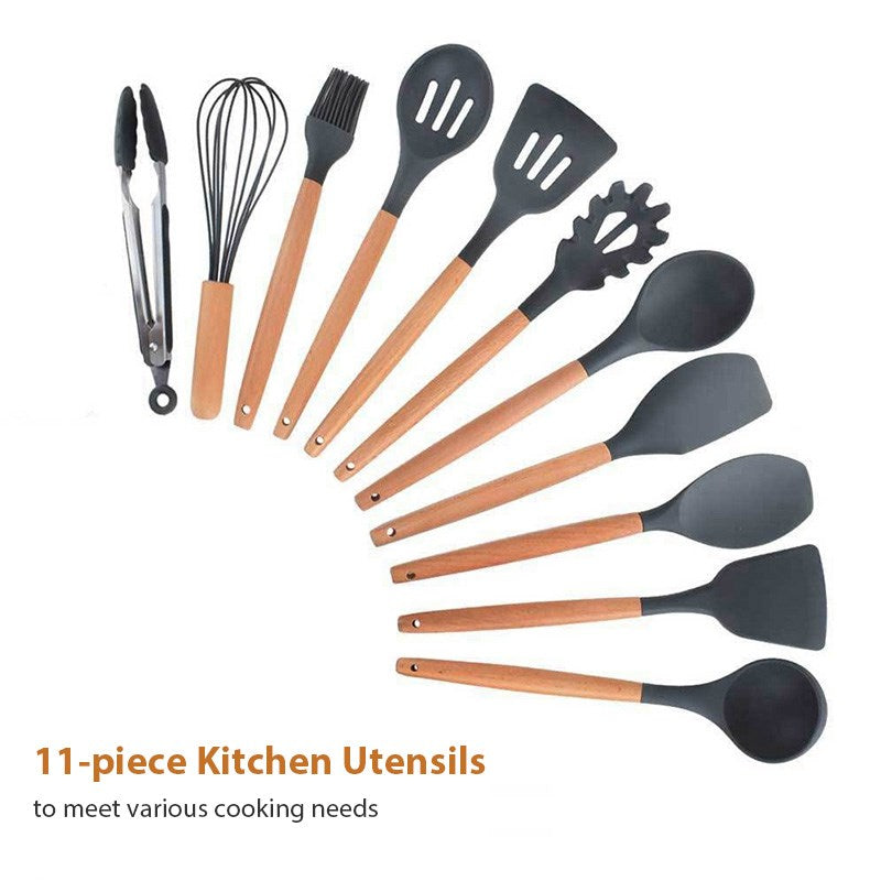 11Pcs/Set BPA Free Wooden Handle Silicone Kitchenware Cooking Tool Accessories Kitchen Utensils Set (FDA Certified Material)