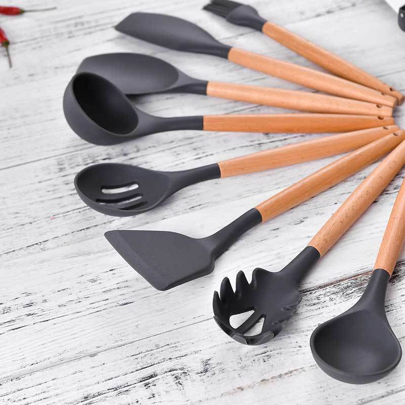 11Pcs/Set BPA Free Wooden Handle Silicone Kitchenware Cooking Tool Accessories Kitchen Utensils Set (FDA Certified Material)