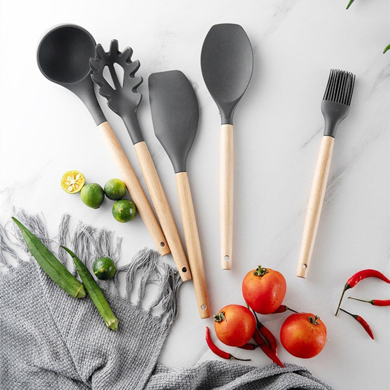 11Pcs/Set BPA Free Wooden Handle Silicone Kitchenware Cooking Tool Accessories Kitchen Utensils Set (FDA Certified Material)