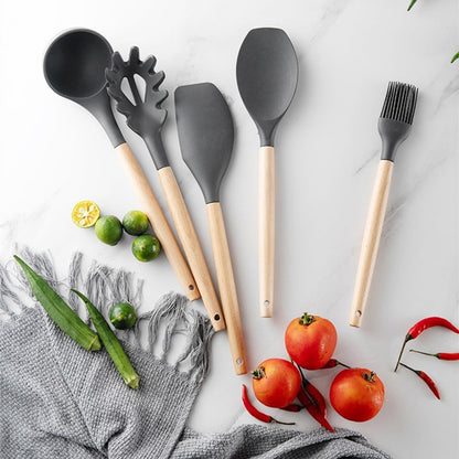 11Pcs/Set BPA Free Wooden Handle Silicone Kitchenware Cooking Tool Accessories Kitchen Utensils Set (FDA Certified Material)