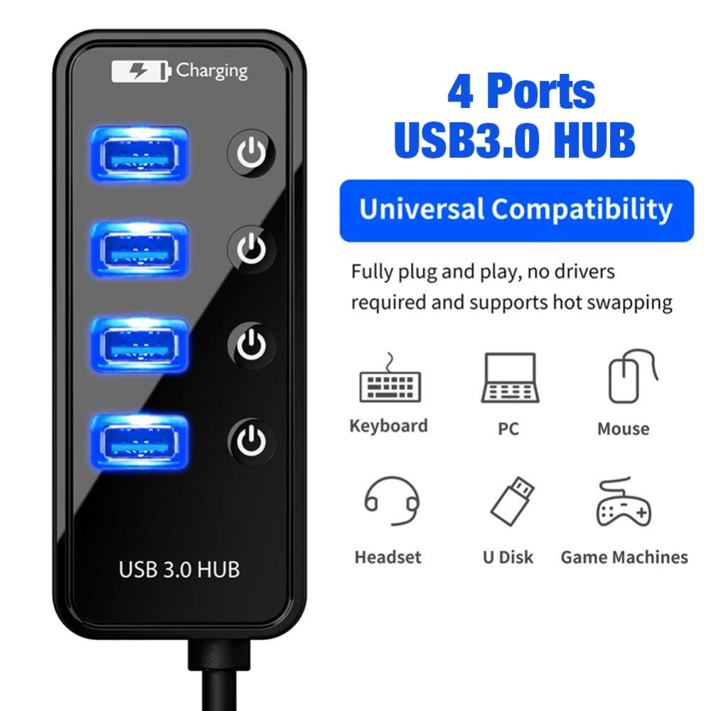 With On / Off Switch USB Distributor Support PC Laptop High-speed 4 - Port USB 3.0 HUB