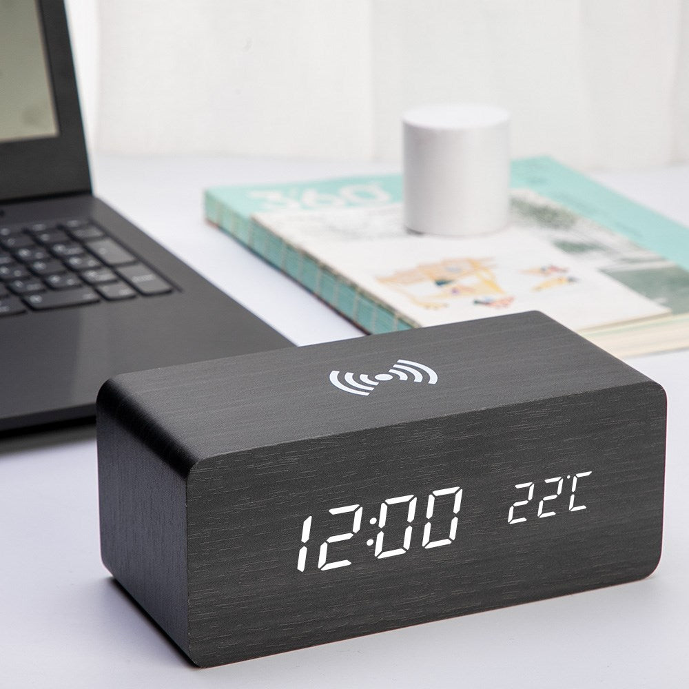 Wooden Alarm Clock with Sound Control Qi Wireless Charging Function Compatible with iPhone Samsung