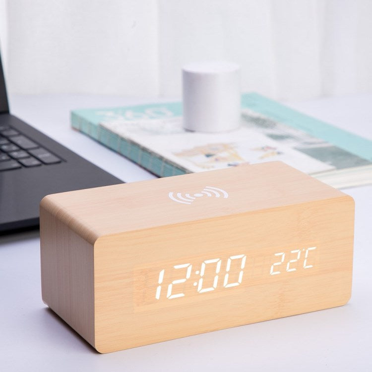 Wooden Alarm Clock with Sound Control Qi Wireless Charging Function Compatible with iPhone Samsung