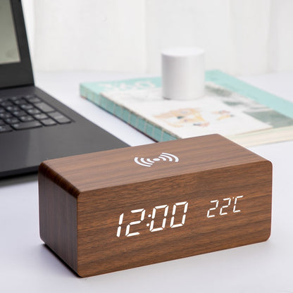 Wooden Alarm Clock with Sound Control Qi Wireless Charging Function Compatible with iPhone Samsung