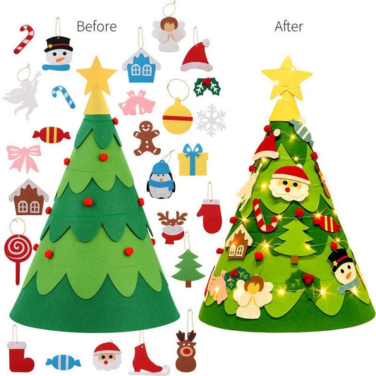 3D Lighted Felt Christmas Tree Set with 28Pcs Xmas Ornament Color String Light DIY Xmas Decor