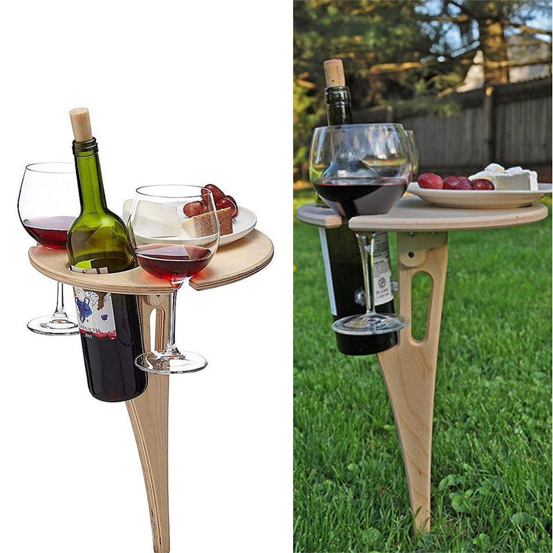 Wooden Outdoor Wine Table Foldable Round Desktop Mini Picnic Table Modern Wine Glass Rack