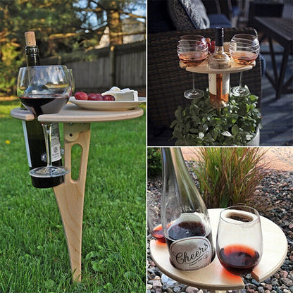 Wooden Outdoor Wine Table Foldable Round Desktop Mini Picnic Table Modern Wine Glass Rack