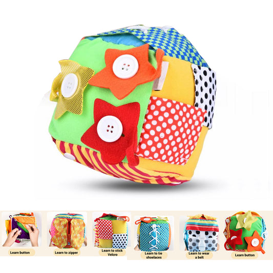 Kids Children Dress Learning Toy Fabric Cube for Fine Motor Skills Zip Snap Tie Shoe Laces and Buckle