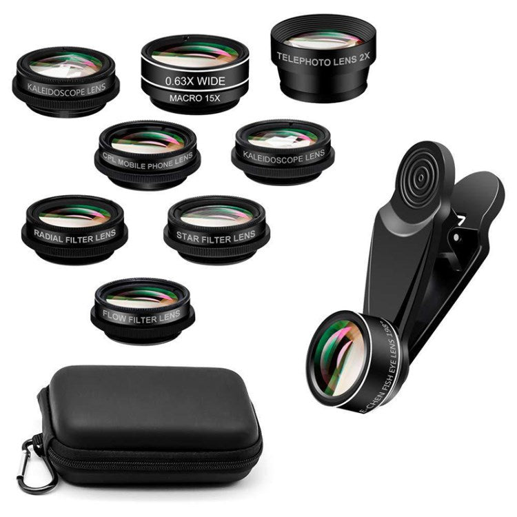 10-in-1 Clip-On Cell Phone Camera Lens Kit Telephoto, Fish Eye, Kaleidoscope, Wide Angle, X-Wide Angle, CPL, &amp; Macro Lens