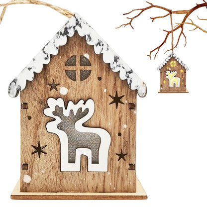 LED Light Up Christmas House Wood House Crafts Wooden Hanging Ornaments for Christmas Tree Window Decor