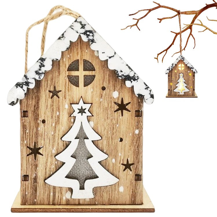 LED Light Up Christmas House Wood House Crafts Wooden Hanging Ornaments for Christmas Tree Window Decor