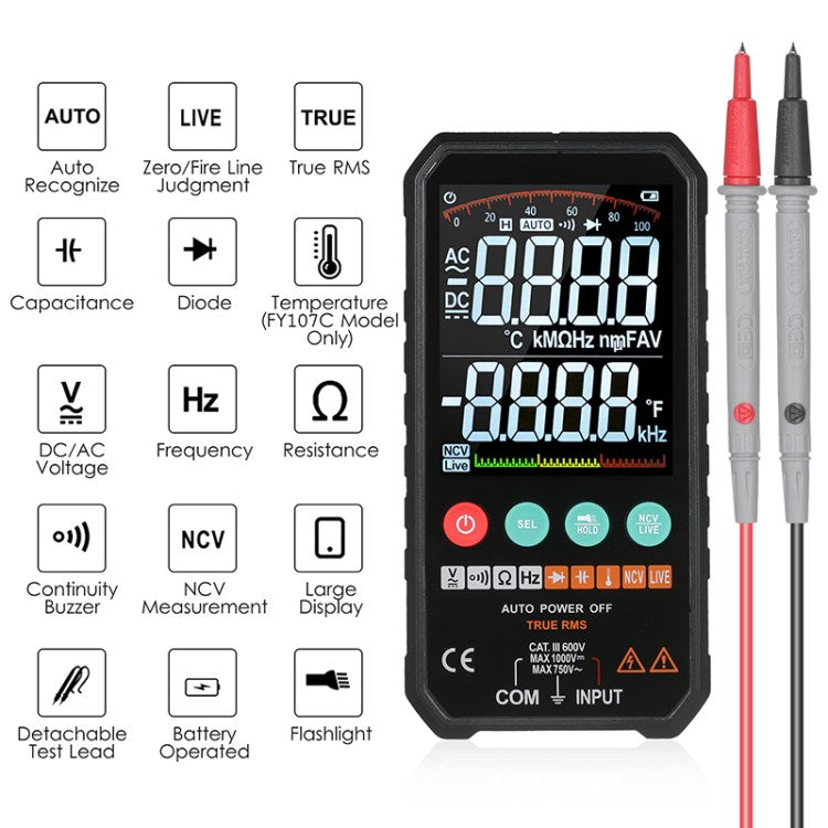 FY107 Digital Multimeter 6000 Counts RMS AC DC NCV Transistor Capacitor Voltage Meter