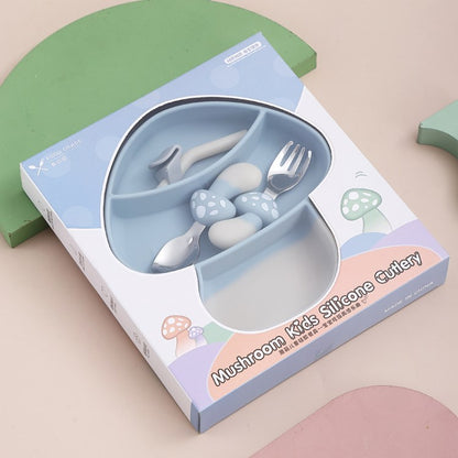 Cute Mushroom Baby Divided Plate Set Safe Silicone Suction Plate Self Feeding Eating Utensils Dishes (BPA-Free, NO FDA Certification)