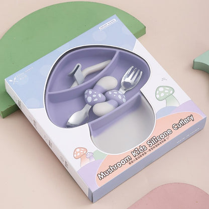 Cute Mushroom Baby Divided Plate Set Safe Silicone Suction Plate Self Feeding Eating Utensils Dishes (BPA-Free, NO FDA Certification)