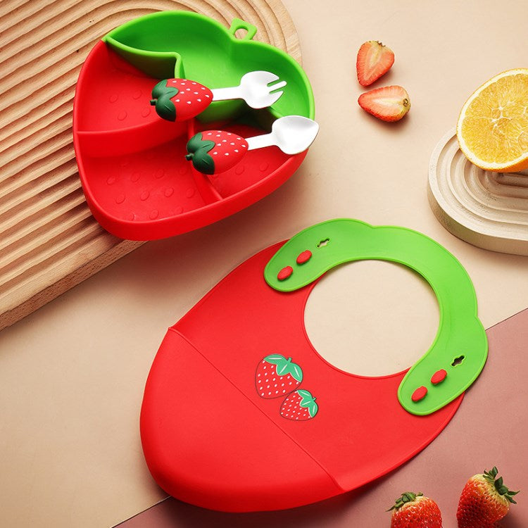 Cartoon Strawberry Baby Weaning Supplies Feeding Set Silicone Divided Plate Set (BPA-Free, NO FDA Certification)