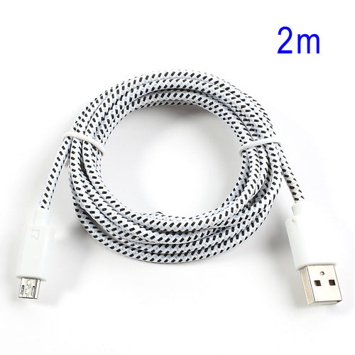 White 2M Nylon Woven MicroUSB V8 Data Charge Cable for Samsung HTC LG Nokia Sony etc