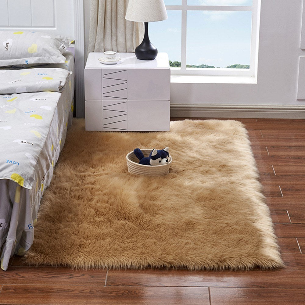 Soft Faux Fur Rug Fluffy Rectangle Shape Sheepskin Fur Carpet Rug for Nursery Room, Bedroom, Luxury Home Decor