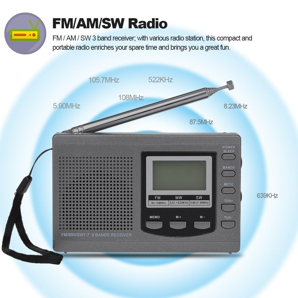 FM/AM/SW Radio Multiband Digital Stereo Radio Receiver with Earphone Output Time Display Alarm Clock Function