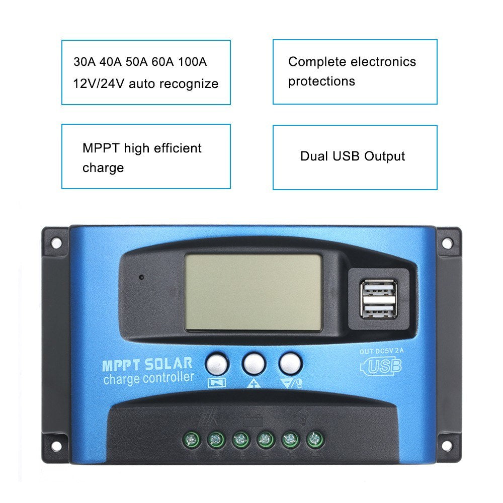 100A MPPT Solar Charge Controller 12V/24V Solar Panel Regulator with LCD Display Dual USB Multiple Load Control Modes