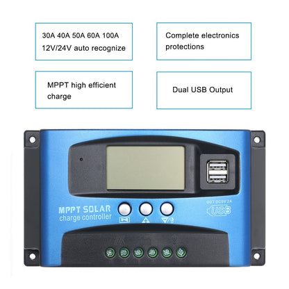 100A MPPT Solar Charge Controller 12V/24V Solar Panel Regulator with LCD Display Dual USB Multiple Load Control Modes