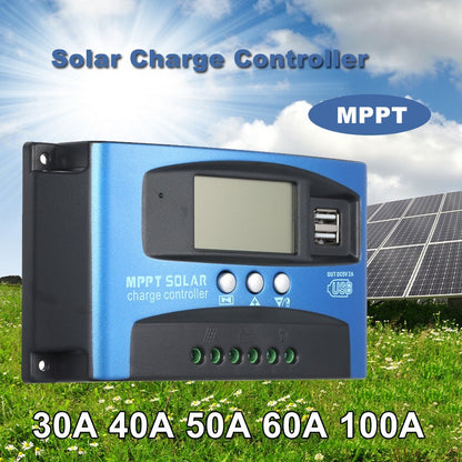 100A MPPT Solar Charge Controller 12V/24V Solar Panel Regulator with LCD Display Dual USB Multiple Load Control Modes