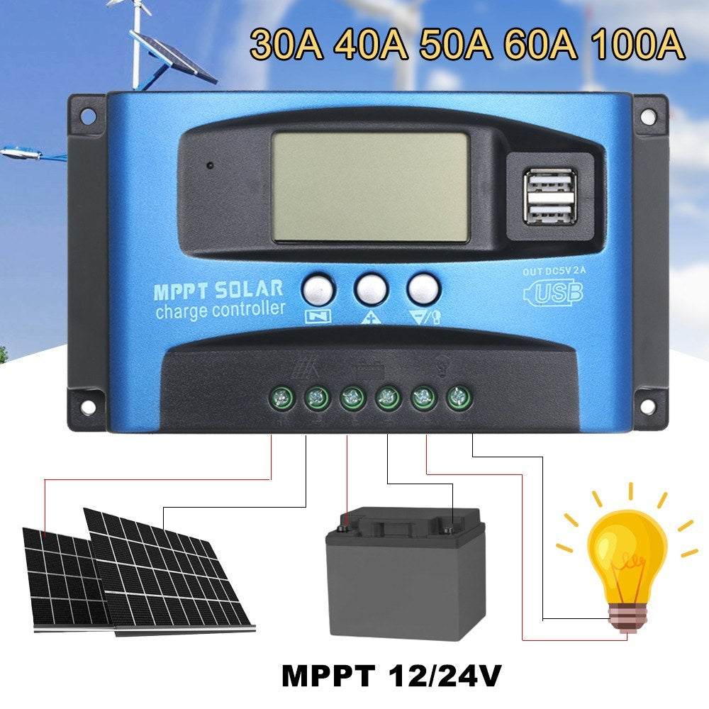 100A MPPT Solar Charge Controller 12V/24V Solar Panel Regulator with LCD Display Dual USB Multiple Load Control Modes