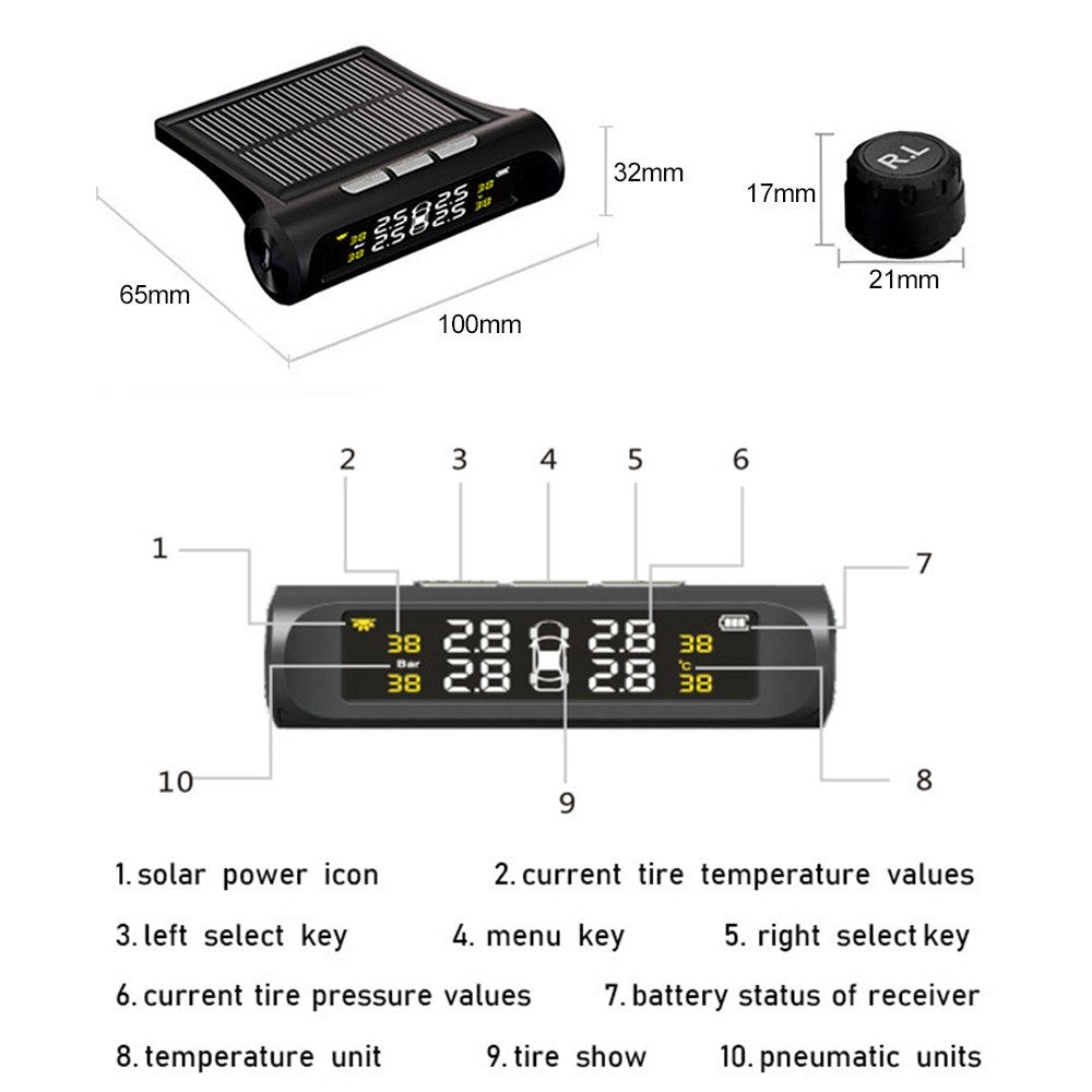 Car TPMS Tire Pressure Monitoring System with 4 External Sensor Solar Charging HD Digital LCD Display Auto Alarm System