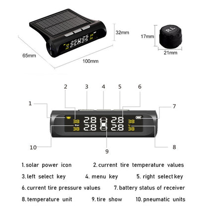 Car TPMS Tire Pressure Monitoring System with 4 External Sensor Solar Charging HD Digital LCD Display Auto Alarm System