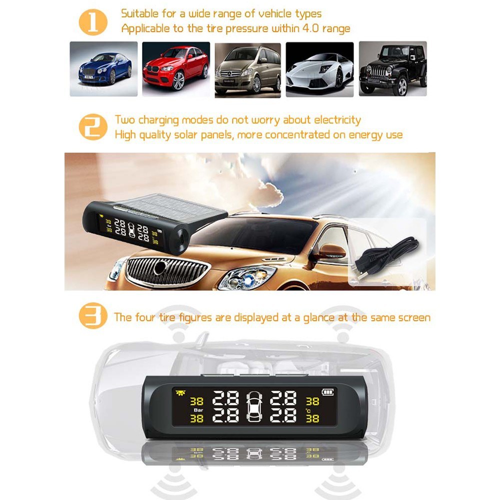 Car TPMS Tire Pressure Monitoring System with 4 External Sensor Solar Charging HD Digital LCD Display Auto Alarm System