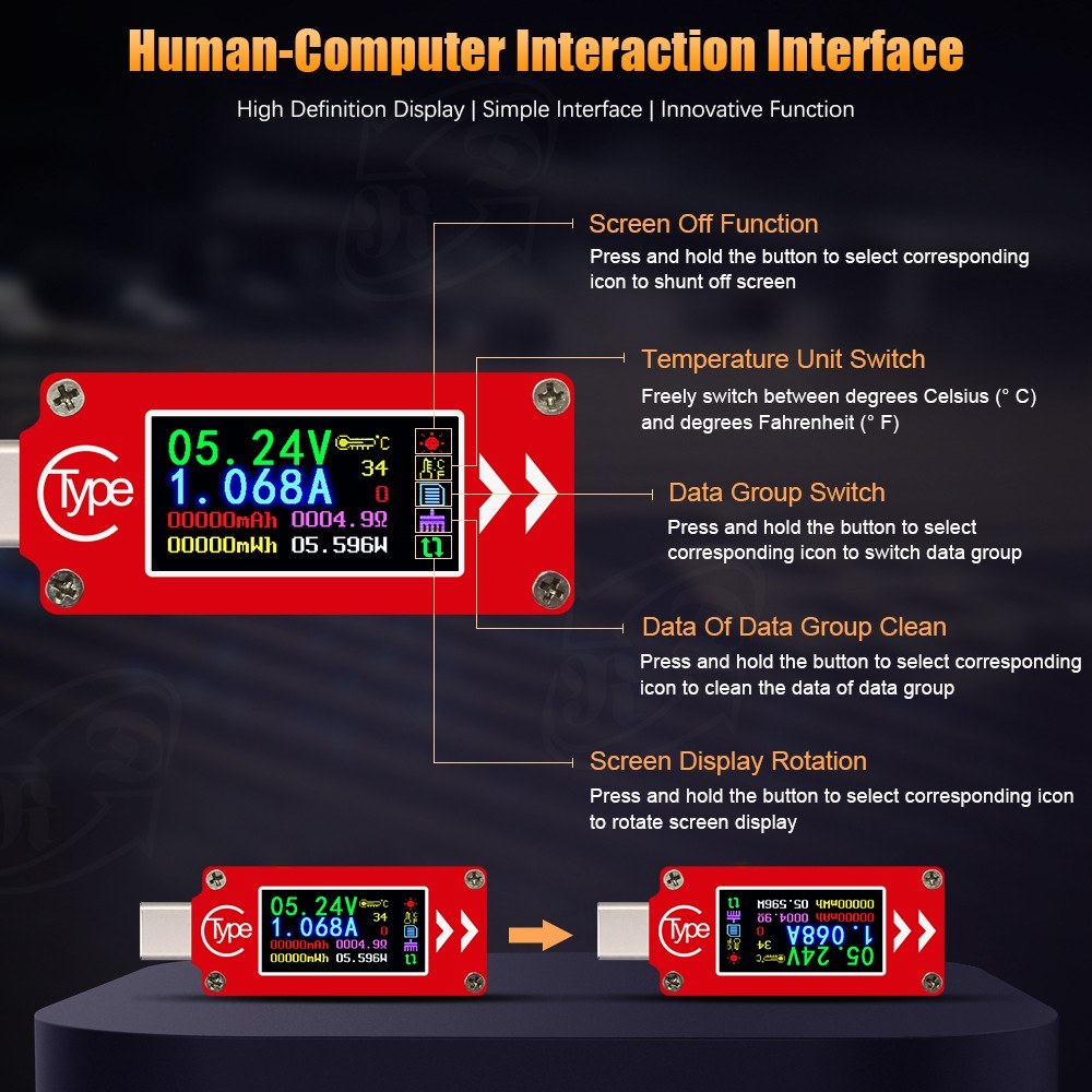 TC64 Type-C Color LCD Display USB Voltmeter Ammeter Voltage Current Meter Multimeter Battery PD Recharge Power Bank USB Tester