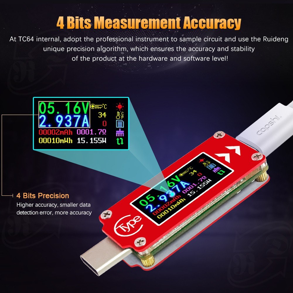 TC64 Type-C Color LCD Display USB Voltmeter Ammeter Voltage Current Meter Multimeter Battery PD Recharge Power Bank USB Tester