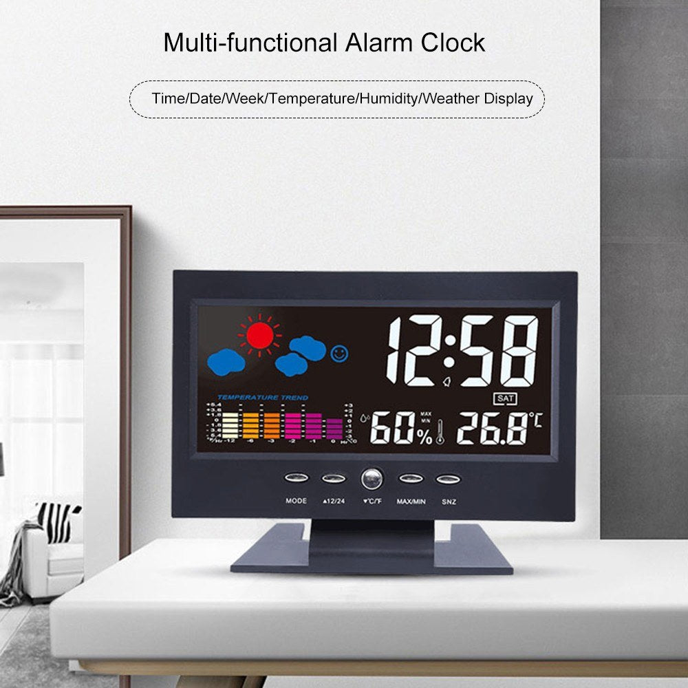 Multi-functional Alarm Clock Backlight LCD Screen Digital Clock with Time/Date/Week/Temperature/Humidity/Weather Display