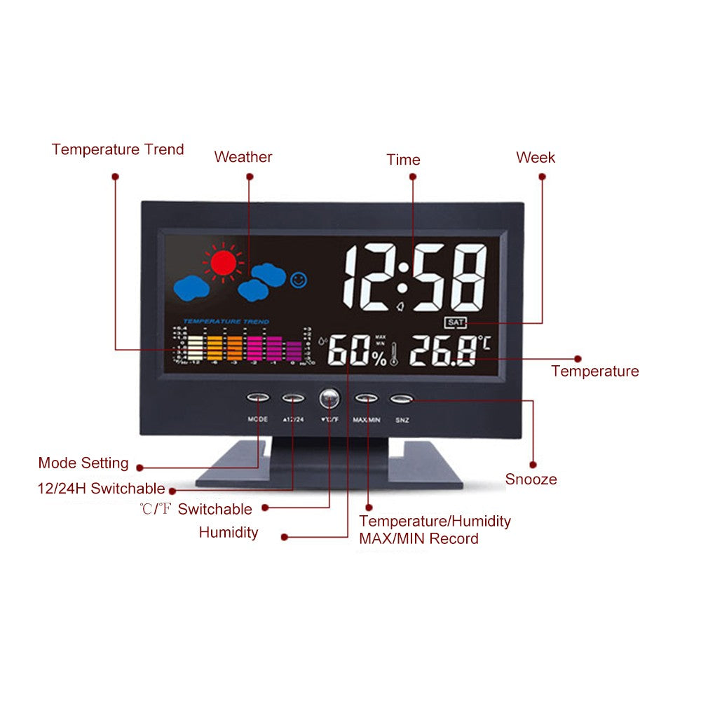 Multi-functional Alarm Clock Backlight LCD Screen Digital Clock with Time/Date/Week/Temperature/Humidity/Weather Display