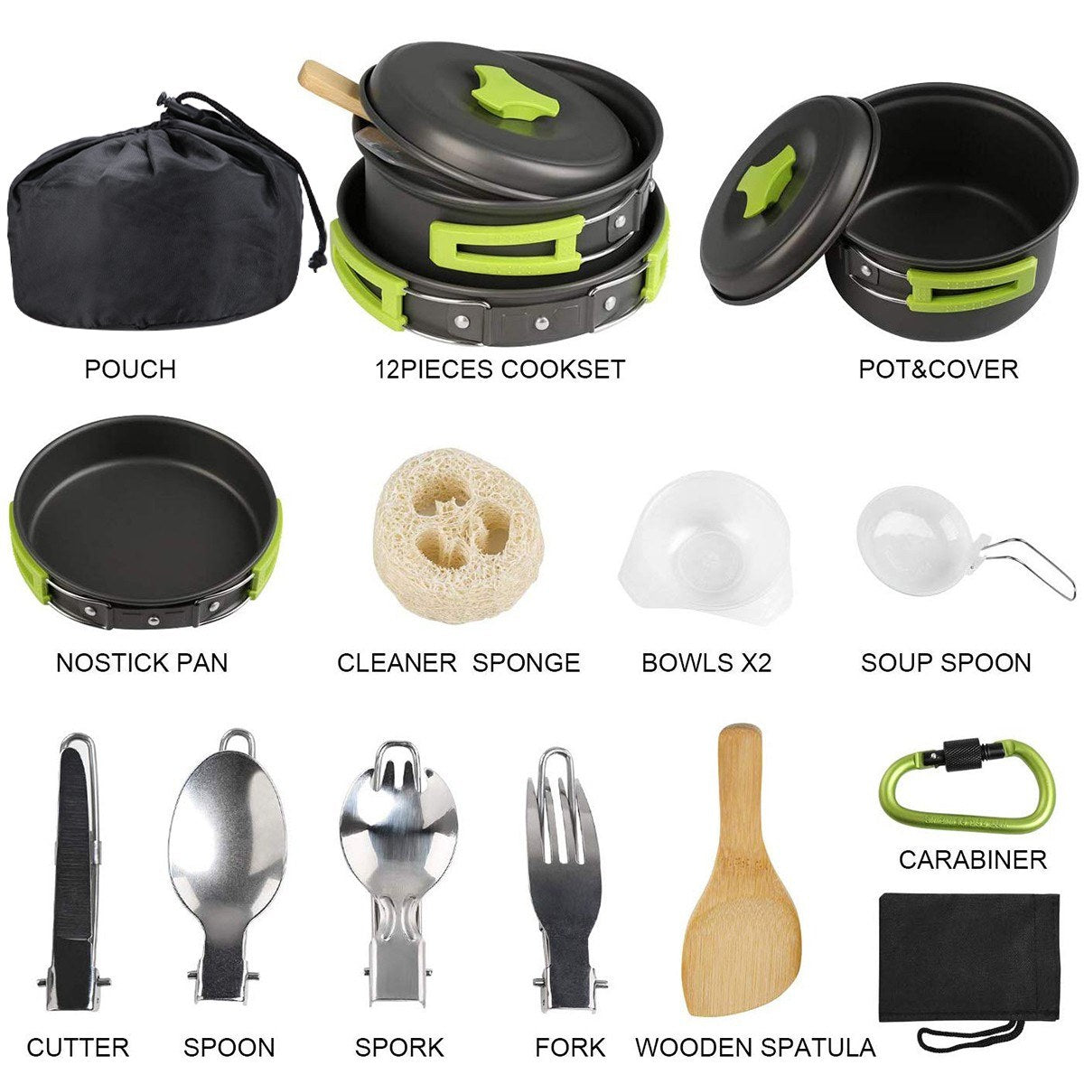 15Pcs Portable Camping Cookware Outdoor Cook Gear with Nonstick Pot Pan Bowls Set