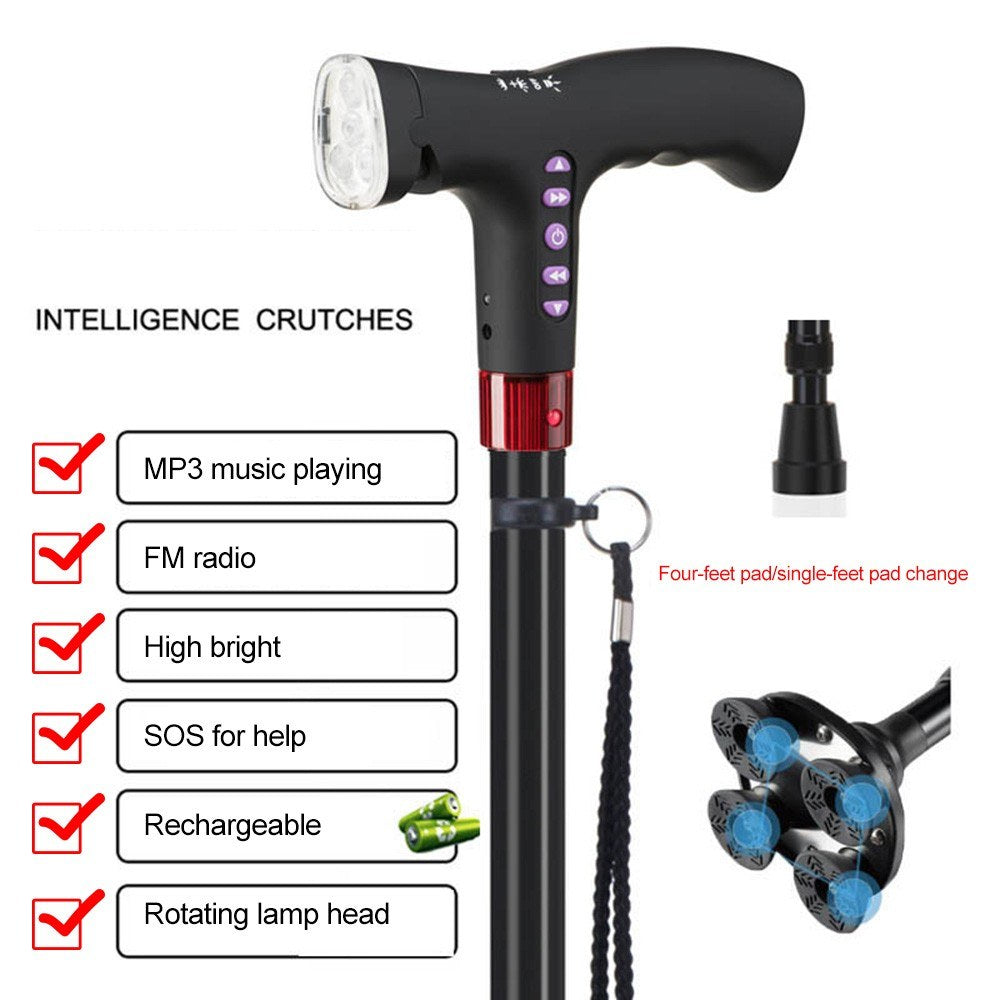 Elderly Adjustable L-ED Walking Cane FM Radio MP3 Smart Safety Fall Alarm Walking Stick