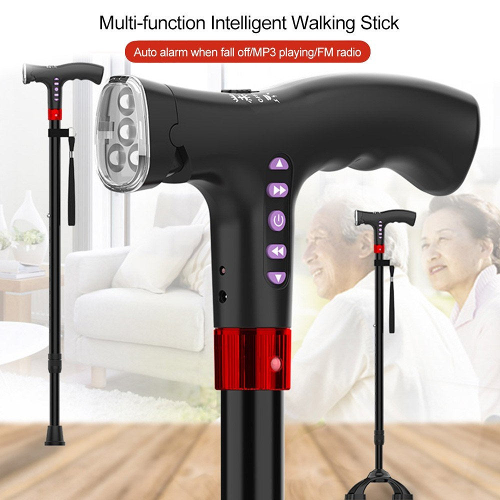 Elderly Adjustable L-ED Walking Cane FM Radio MP3 Smart Safety Fall Alarm Walking Stick