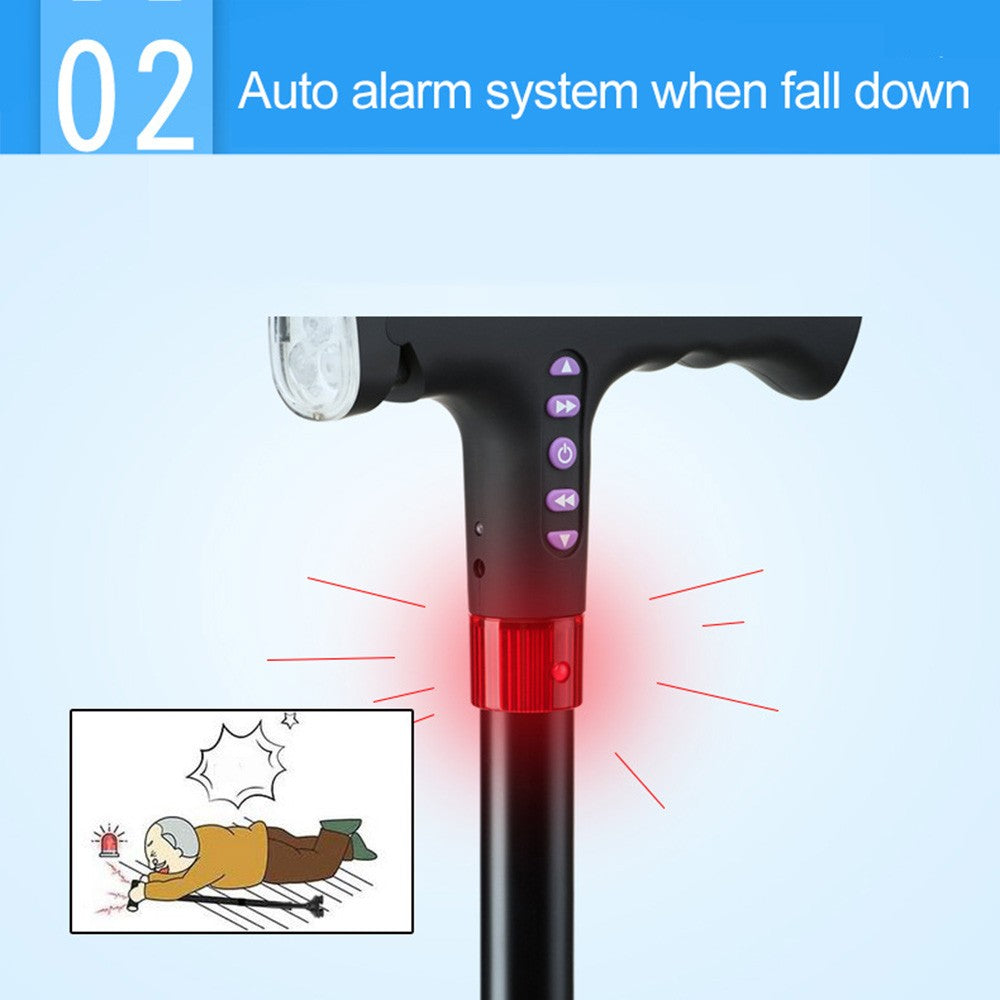 Elderly Adjustable L-ED Walking Cane FM Radio MP3 Smart Safety Fall Alarm Walking Stick