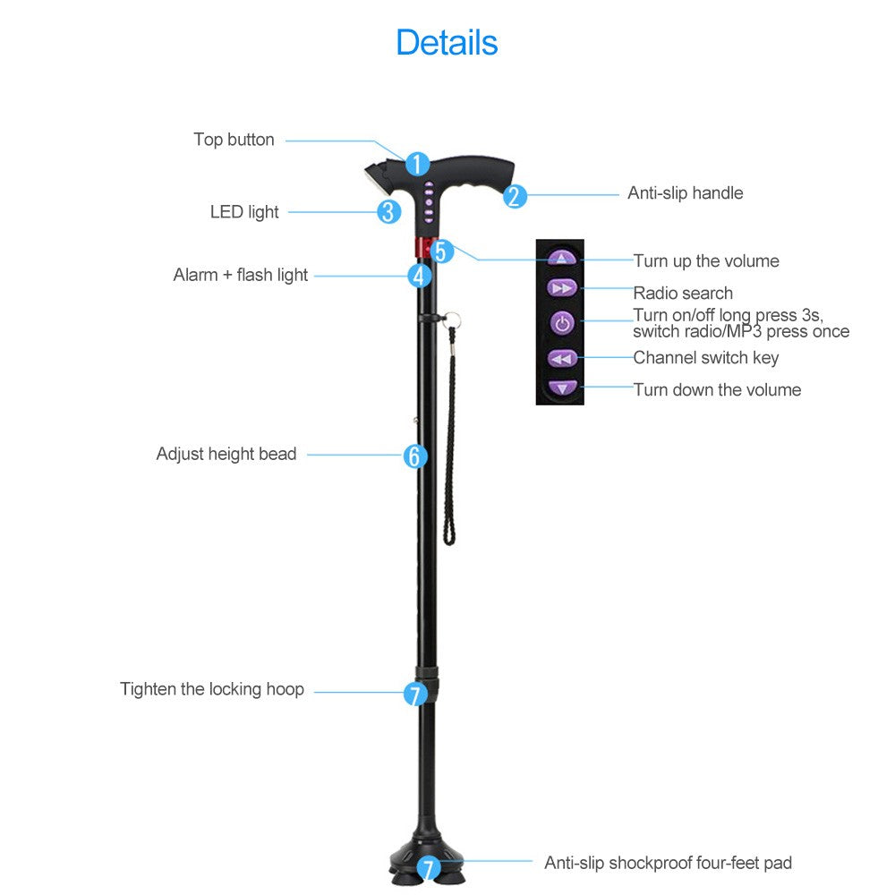 Elderly Adjustable L-ED Walking Cane FM Radio MP3 Smart Safety Fall Alarm Walking Stick